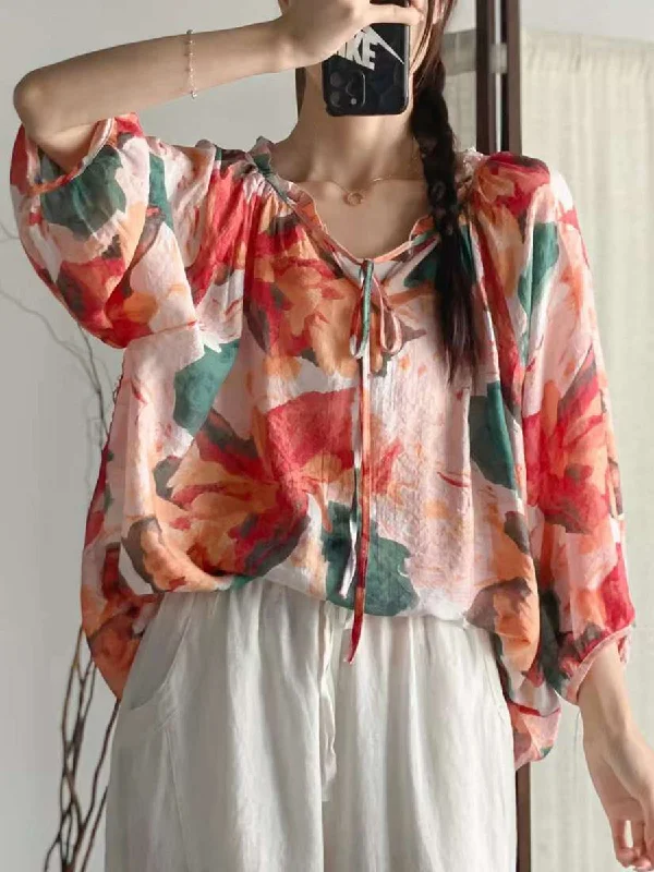 Outdoor ShirtsWomen Summer Artsy Floral Drawstring Lacework Loose Shirt