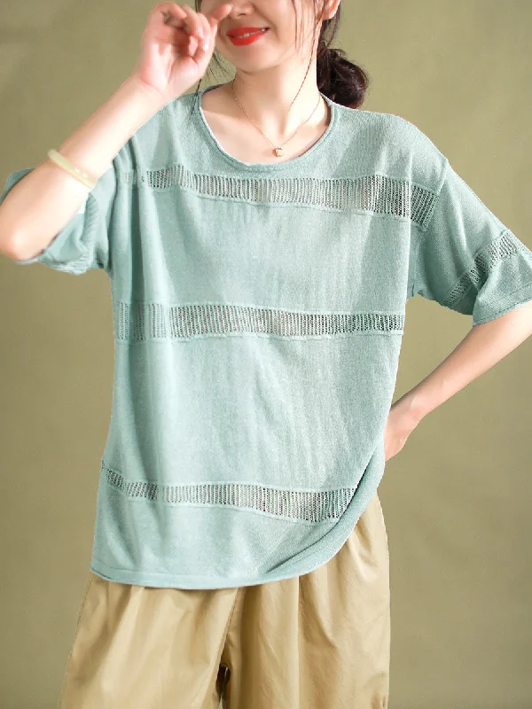 Retro ShirtsWomen Summer Artsy Solid Hollow Out Knitted Linen Shirt