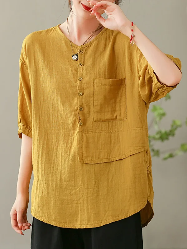 Luxury ShirtsWomen Summer Solid Vintage Pocket Spliced Loose Shirt