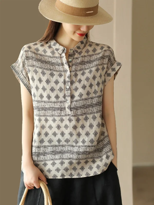 Travel ShirtsWomen Summer Vintage Geometric Print Button Linen Shirt