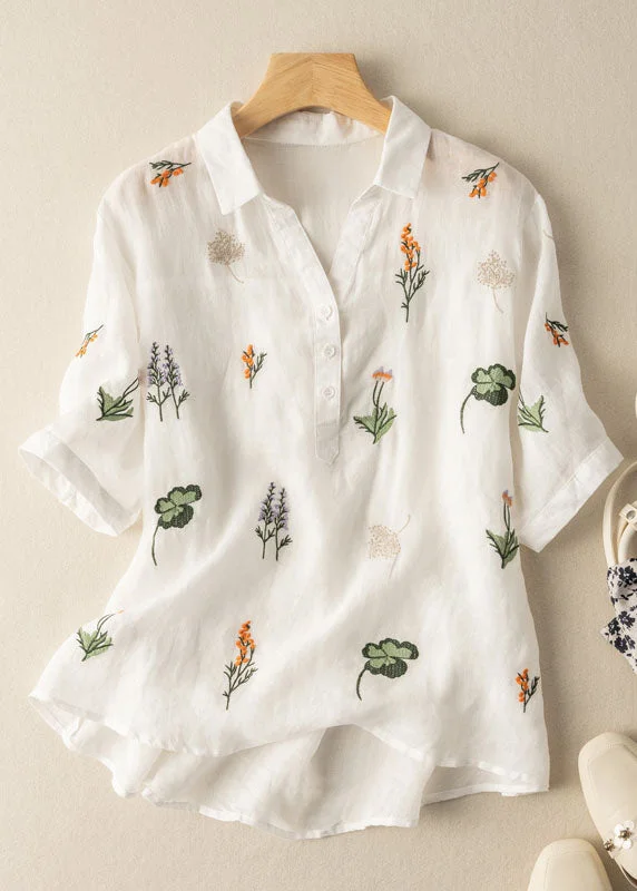 Band Merch ShirtsWomen White Peter Pan Collar Print Patchwork Linen Shirt Top Summer