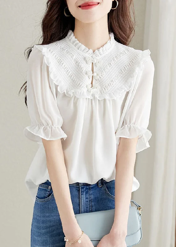 Cultural ShirtsWomen White Ruffled Chinese Button Patchwork Chiffon Shirt Top Summer