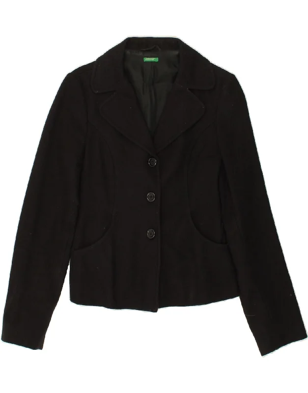 BlazertraditionBENETTON Womens Crop 3 Button Blazer Jacket IT 40 Small Black Wool