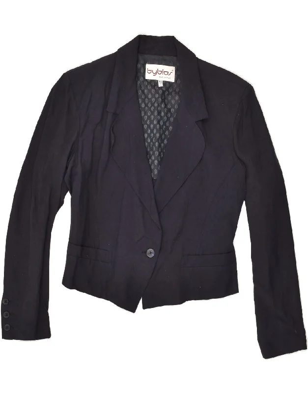 BlazermovementBYBLOS Womens Crop 1 Button Blazer Jacket IT 44 Medium Navy Blue Linen