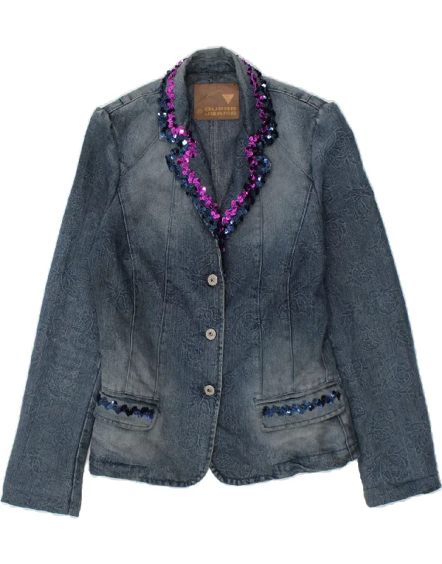 BlazercolorGUESS Womens Denim 3 Button Blazer Jacket UK 14 Large Blue Floral Cotton