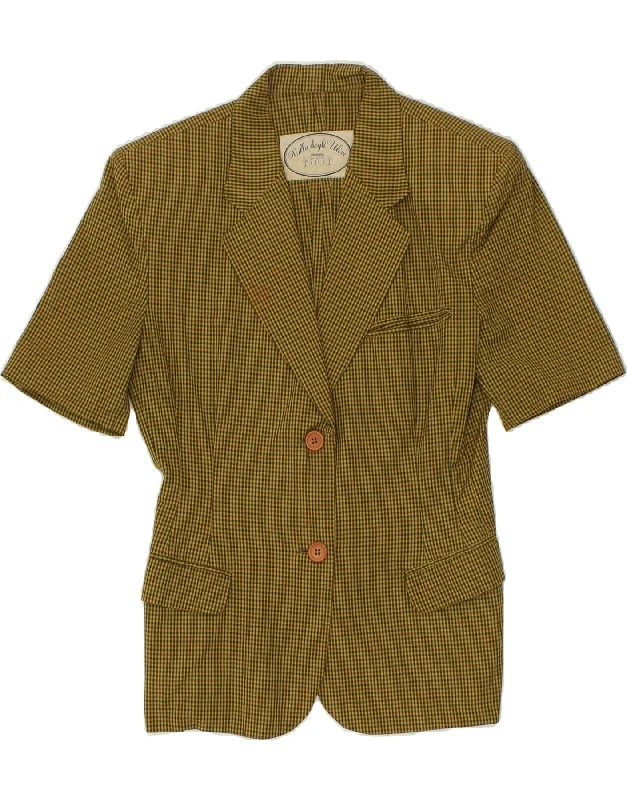 BlazerdefeatVINTAGE Womens 2 Button Short Sleeve Blazer Jacket UK 10 Small Khaki Check