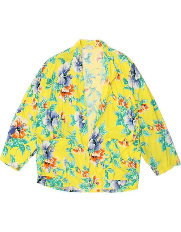 BlazerstyleVINTAGE Womens 3/4 Sleeve 1 Button Blazer Jacket UK 16 Large Yellow Floral