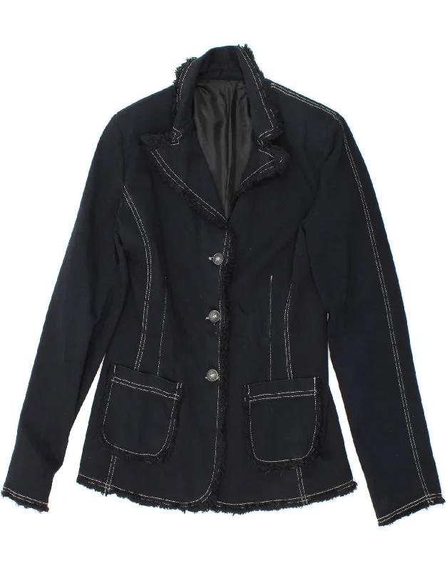 BlazervictoryVINTAGE Womens 3 Button Blazer Jacket UK 12 Medium Navy Blue Cotton