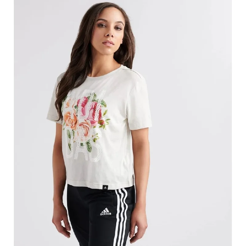 Zippered T-ShirtsAdidas Women's Floral Essentials Logo T-Shirt Beige Size Extra Large - X-Large