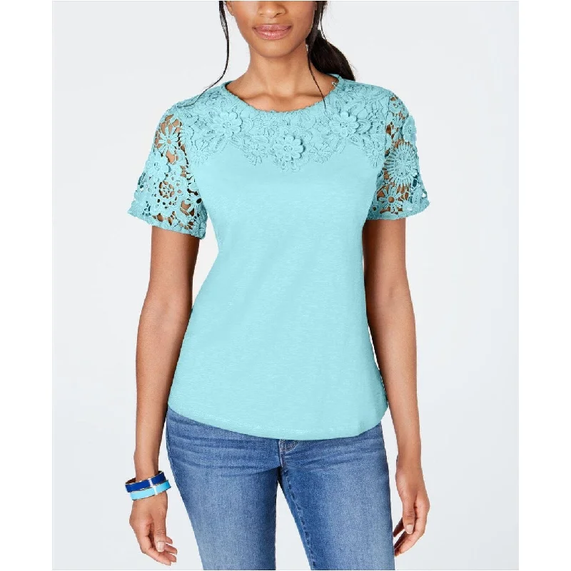 Outdoor T-ShirtsCharter Club Women's Cotton Lace-Embellished T-Shirt Aqua Size Extra Small - X-Small