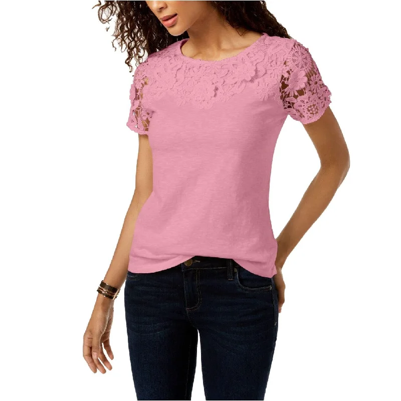 Embroidered T-ShirtsCharter Club Women's Cotton Lace-Embellished T-Shirt Light Peony Size Small - Pink