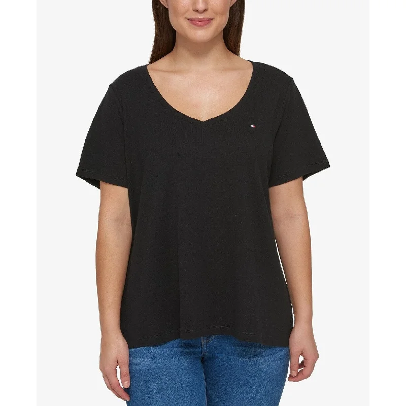 French Terry T-ShirtsTommy Hilfiger Women's Cotton V Neck T-Shirt Black Size 2X