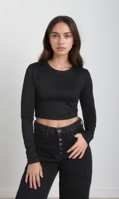 Sports Team T-ShirtsWomen Cropped Top Long Sleeve (Black)