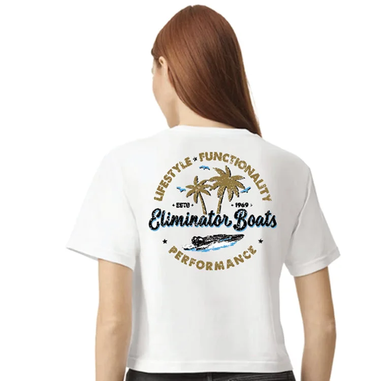 College T-ShirtsWomen's White Palm Paradise Crop Tee