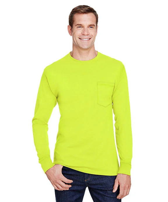 Polyester HoodiesW120 - Hanes Adult Workwear Long-Sleeve Pocket T-Shirt | Safety Green