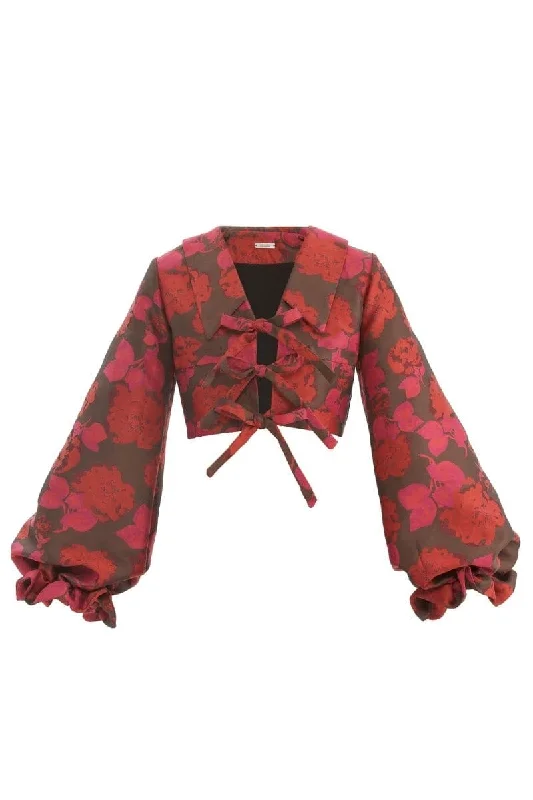 CroptopidentityRED FLORAL PRINT CROPPED BOW BLOUSE