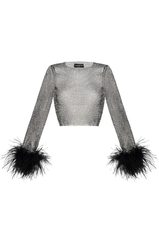 CroptopstretchSPARKLE BLACK FEATHERS CROP TOP