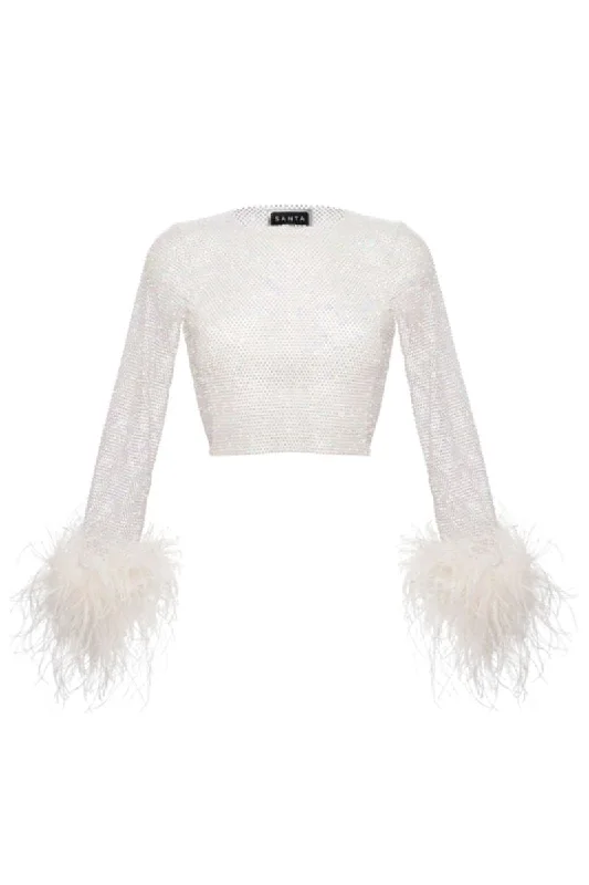 CroptopdetailSPARKLE WHITE FEATHERS CROP TOP