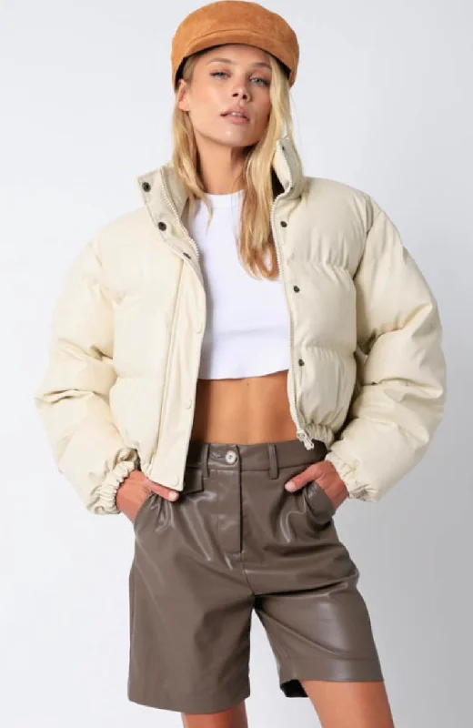 CroptopdyeWinter Nights Crop Faux Leather Puffer Jacket: Beige