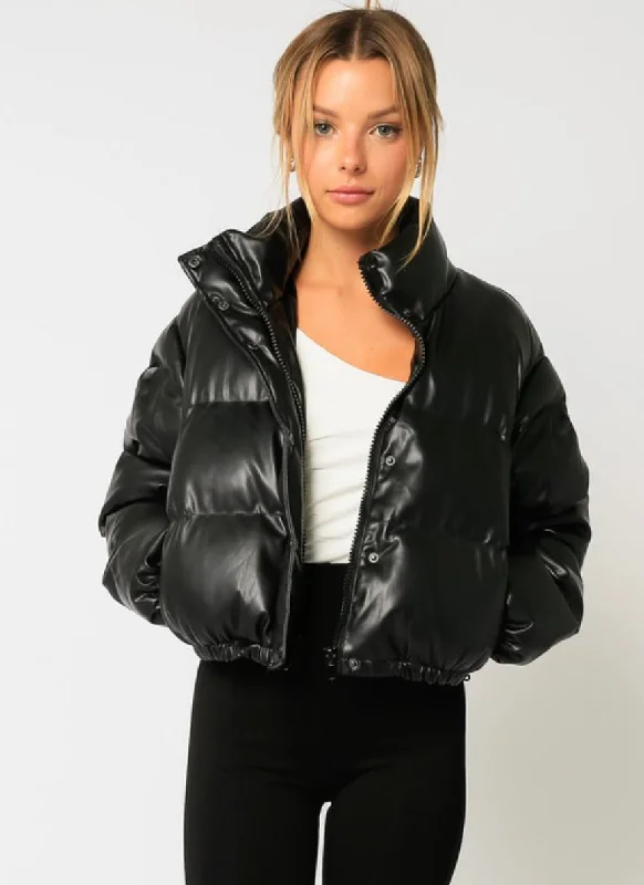 CroptophemWinter Nights Crop Faux Leather Puffer Jacket: Black