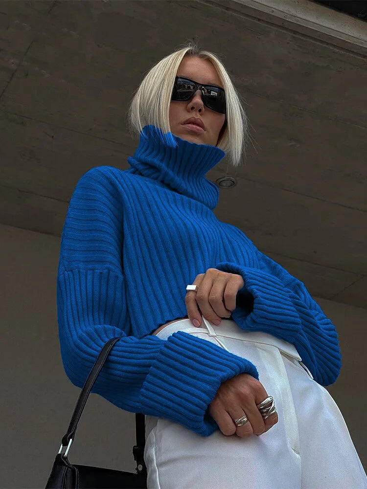 CroptopcultureCozy Blue Turtleneck Crop Sweater Loose Jumper