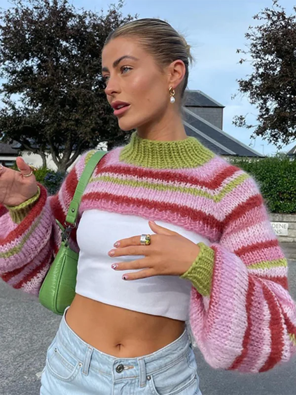 CroptopcustomCrochet Stripe Sweater - Women's Balloon Sleeves Crop Knitwear