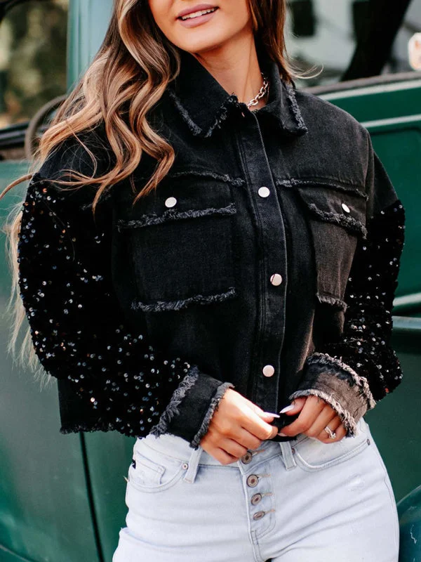 CroptopdetailDistressed Denim Sparkling Sequin Patchwork Crop Jacket