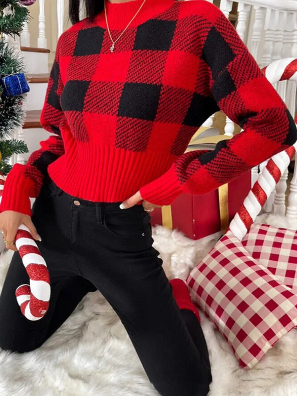 CroptopmovementFestive Cropped Plaid Knit Sweater