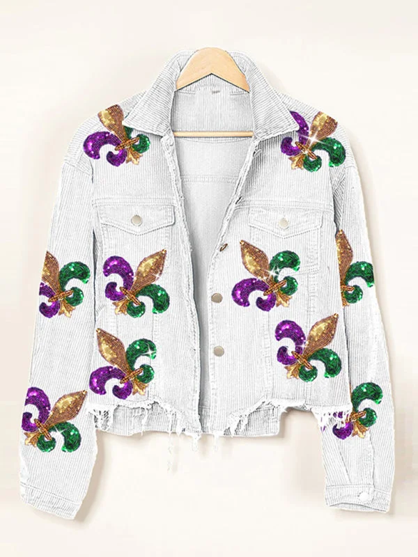 CroptopcasualMardi Gras Ripped Corduroy Sequin Patchwork Crop Jacket