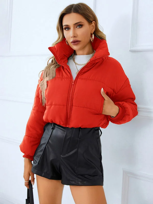 CroptopsoftSolid Crop Puffer Jacket with Zip-Up & Handy Pockets