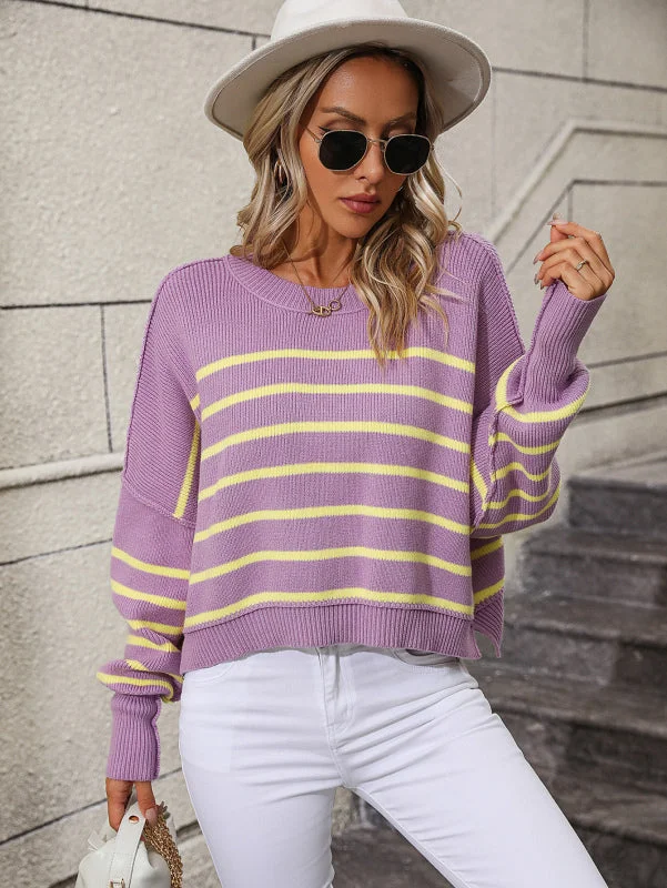 CroptopmodernStripe Crop Sweater - Women's Knitwear Round Ribbed Top