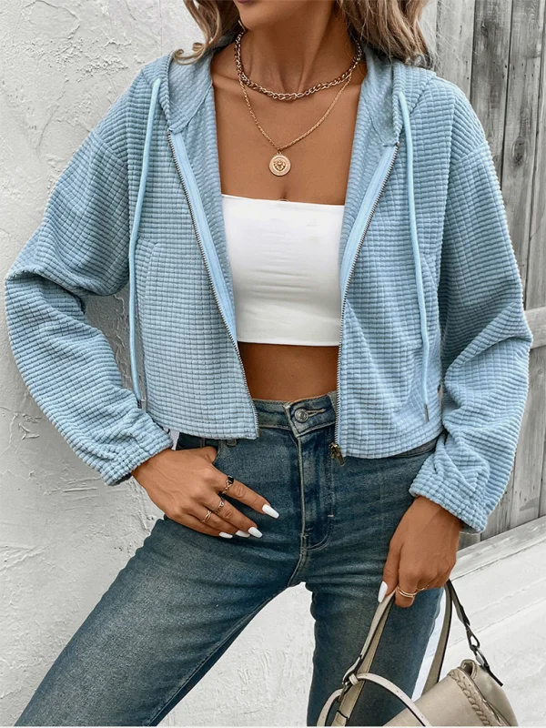 CroptopsceneWaffle Blue Cropped Hooded Jacket for Women