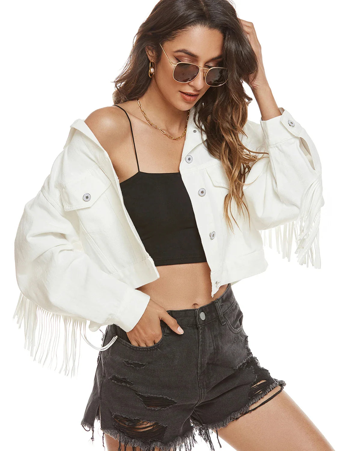 CroptopiconWomen Fringed Denim Cropped Jacket for Daily Wear